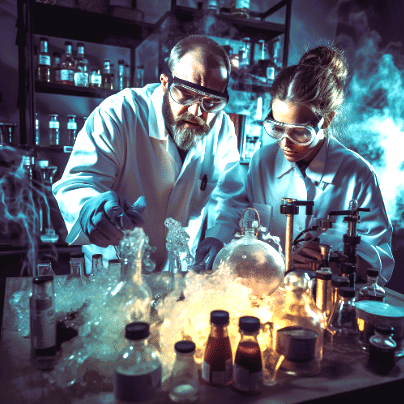 Pracownicy laboratorium podczas doświadczenia chemicznego. Zdjęcie wytworzone przez Jerzego Ruszała z wykorzystaniem sztucznej inteligencji.